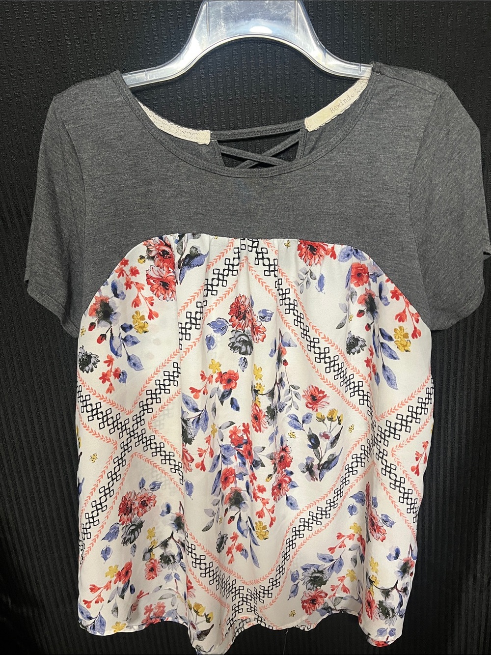 Rewind Gray Short-Sleeve Tee with Floral Front Panel